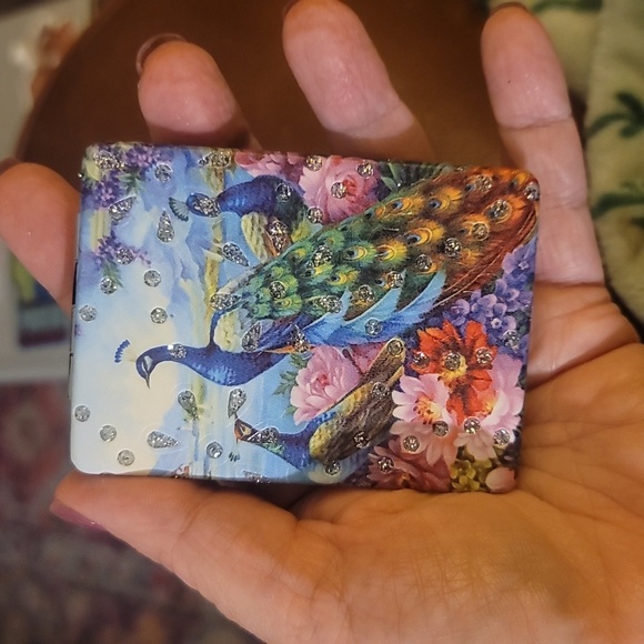 Rhinestone embellished peacock compact Makeup mirror new holiday gift - Picture 3 of 3